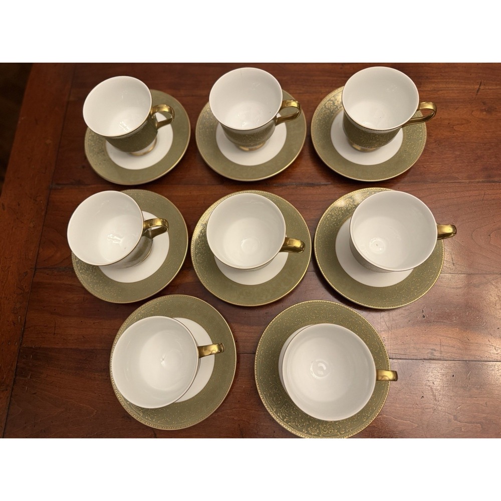 Set of 8 Sango Versailles 3632 Teacups and Saucers Vintage Green Gold Japan